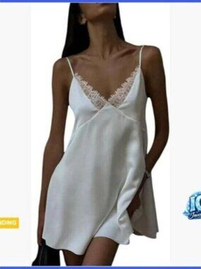 Satin Lace V-Neck Spaghetti Strap Tie Back Mini Dress